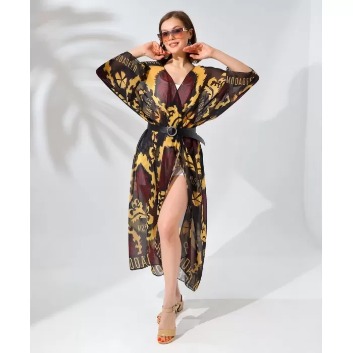Kadın Rahat Kesim Kemerli Şifon Kimono - Kahve