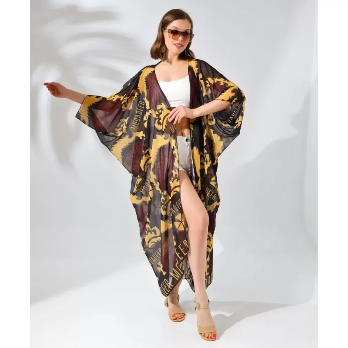 Kadın Rahat Kesim Kemerli Şifon Kimono - Kahve
