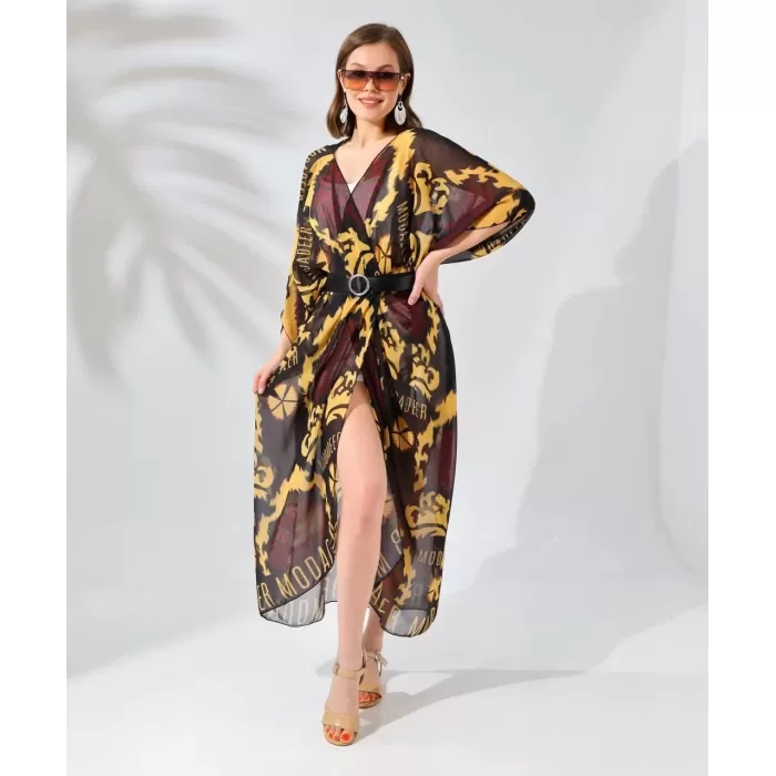 Kadın Rahat Kesim Kemerli Şifon Kimono - Kahve