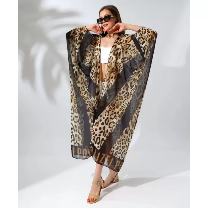 Kadın Rahat Kesim Kemerli Şifon Kimono - Leopar