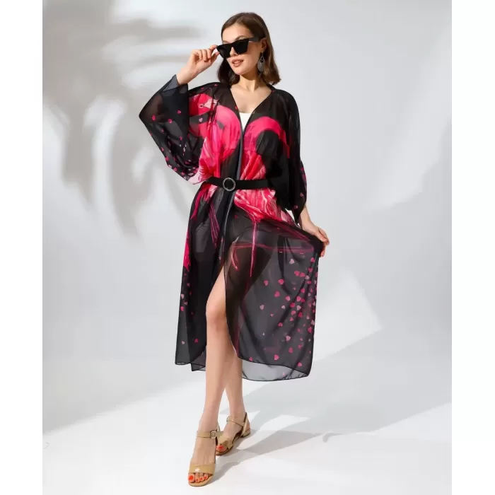 Kadın Rahat Kesim Kemerli Şifon Kimono - Siyah