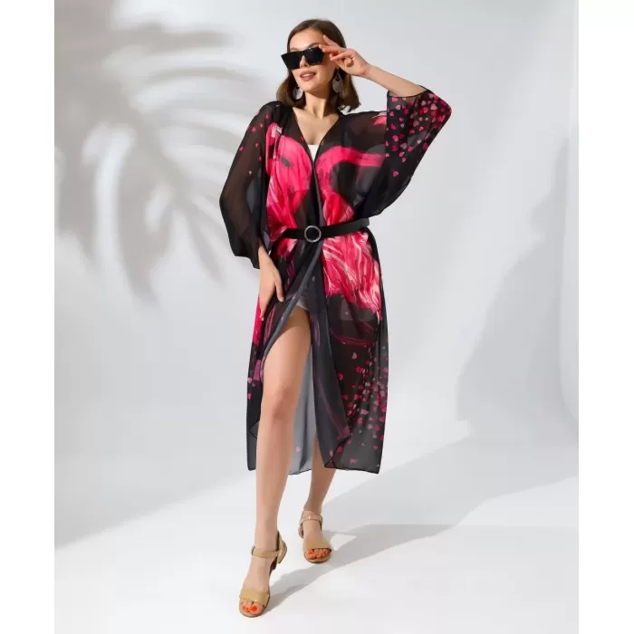Kadın Rahat Kesim Kemerli Şifon Kimono - Siyah