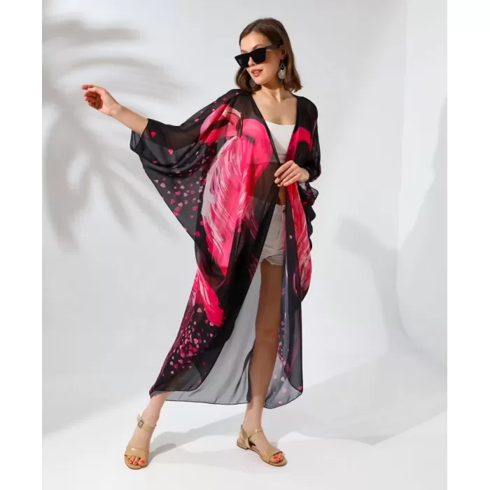 Kadın Rahat Kesim Kemerli Şifon Kimono - Siyah