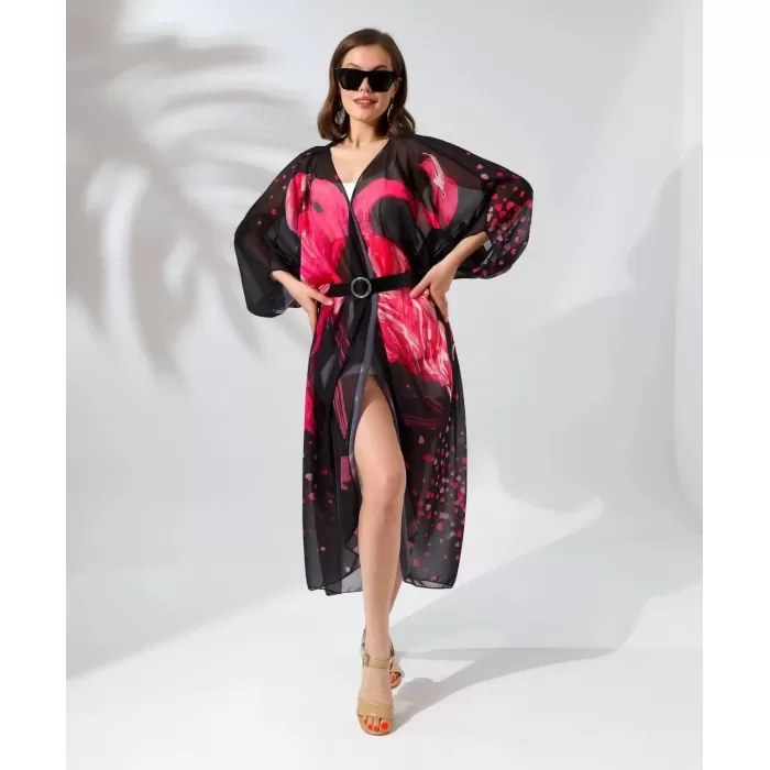 Kadın Rahat Kesim Kemerli Şifon Kimono - Siyah