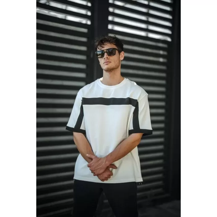 Unisex Yandan Fermuarlı Parçalı T-Shirt - Beyaz