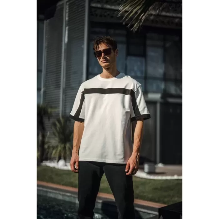 Unisex Yandan Fermuarlı Parçalı T-Shirt - Beyaz