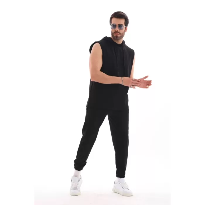 Unisex Kapşonlu Kolsuz Eşofman Takımı- Siyah