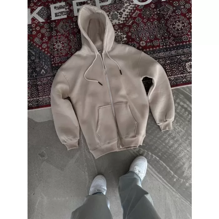 Oversize Tam Fermuarlı Uzun Kol Hırka - Bej