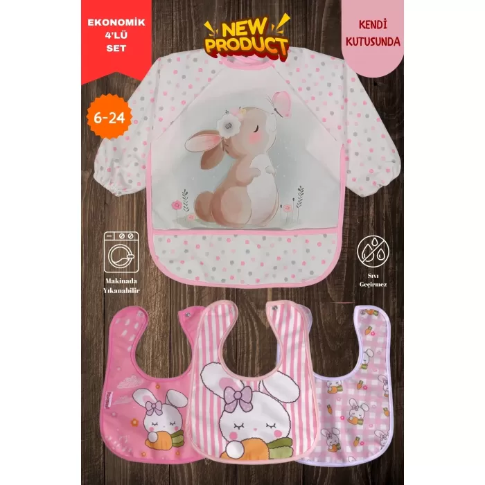 SEVİMLİ TAVŞAN DESEN 4LÜ SET EKO SIVI GEÇİRMEZ AKTİVİTE VE MAMA ÖNLÜĞÜ KENDİ KUTUSUNDA 6-24 AY