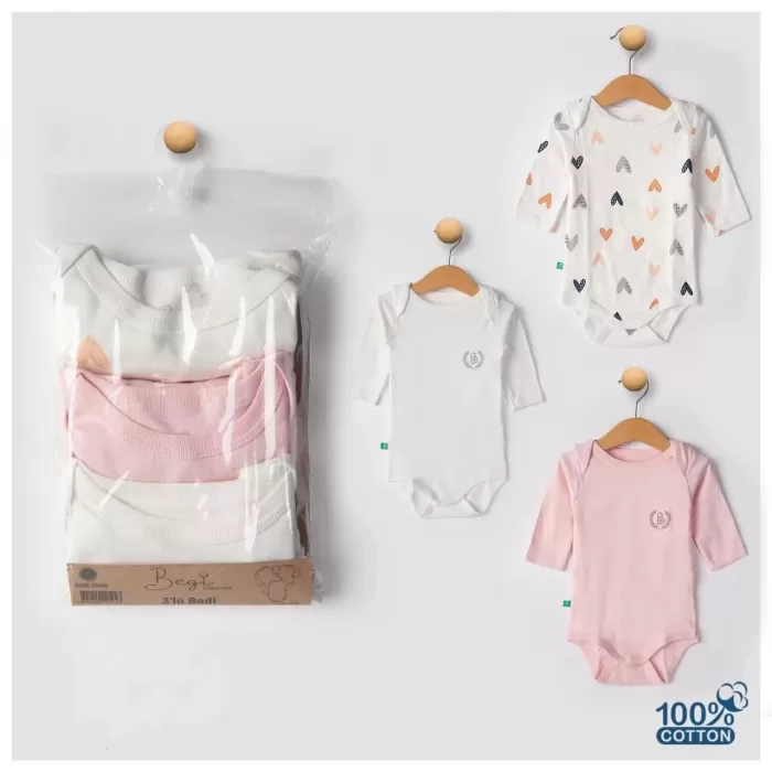 3lü Naturel Kalpki Bebek Badi Zıbın - Beyaz Pembe %100 Pamuk