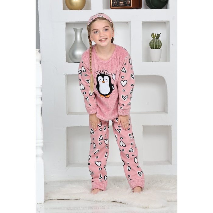 Kapitex 4993 Kız Çocuk Penguenli Polar Uzun Kol Pijama Takımı