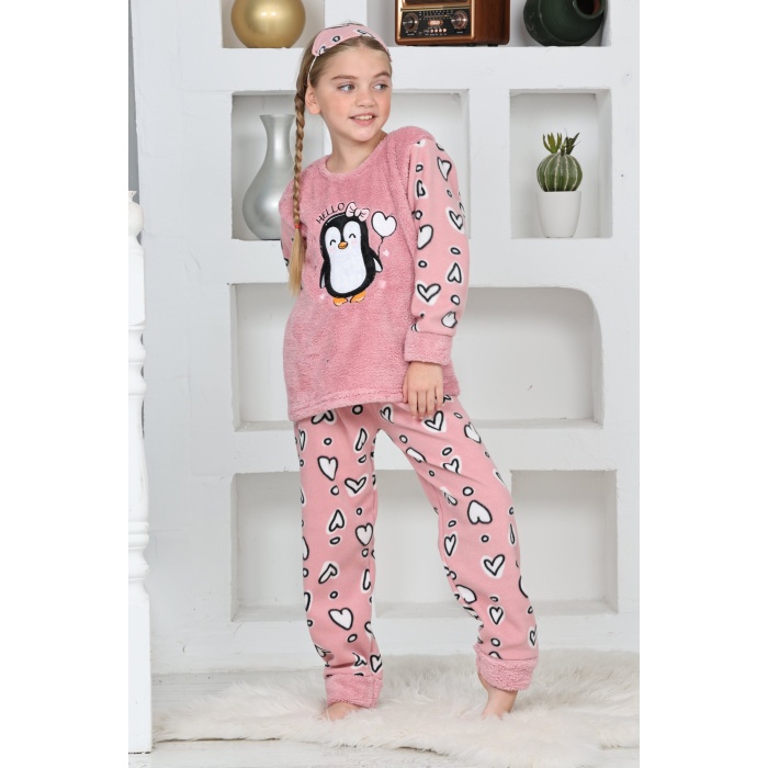 Kapitex 4993 Kız Çocuk Penguenli Polar Uzun Kol Pijama Takımı