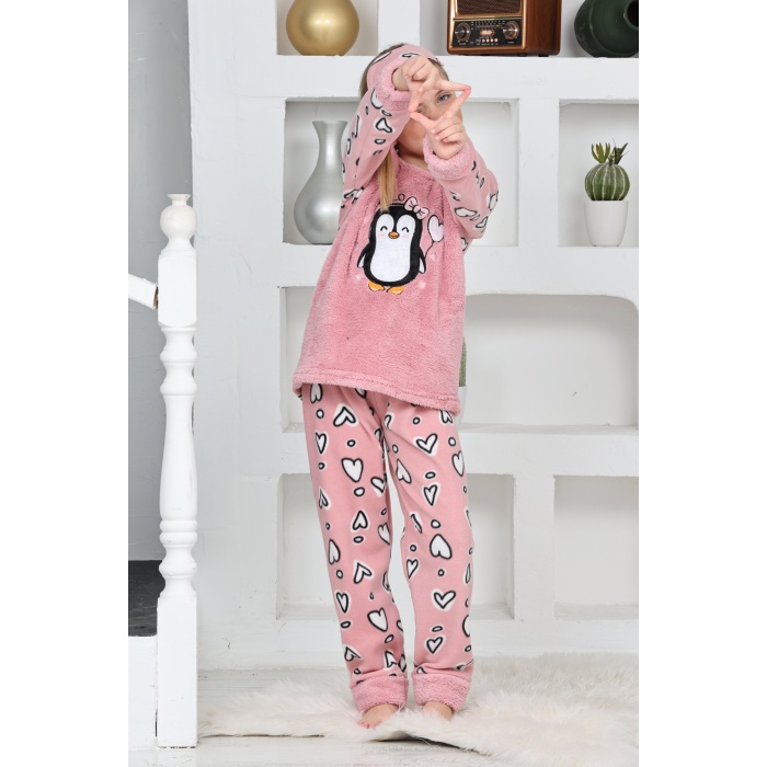 Kapitex 4992 Kız Çocuk Penguenli Polar Uzun Kol Pijama Takımı