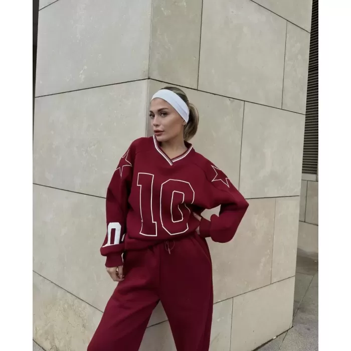 V Yaka Üç İplik Sweat Takım - Bordo