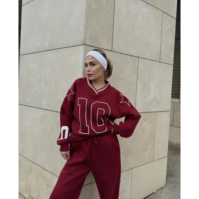 V Yaka Üç İplik Sweat Takım - Bordo