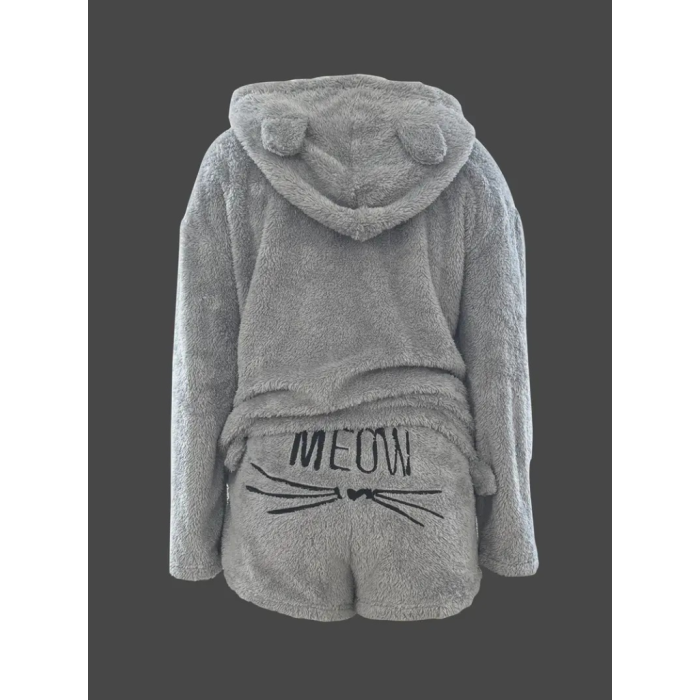 Kadın Uzun Kollu Meow Kedi Nakışlı Kapşonlu Peluş Sweat Ve Short Ikili Takım