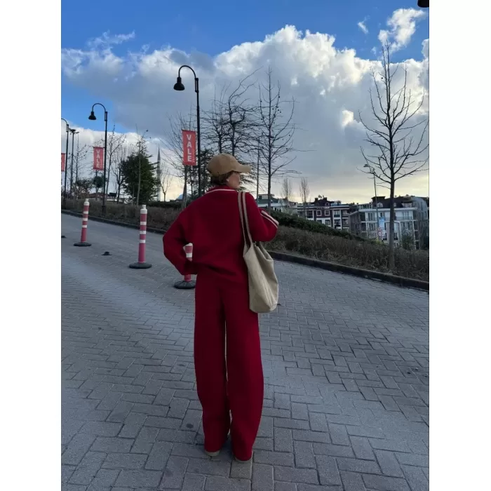 Üç İplik Yakalı Sweat Baggy Pantalonlu Takım - Bordo
