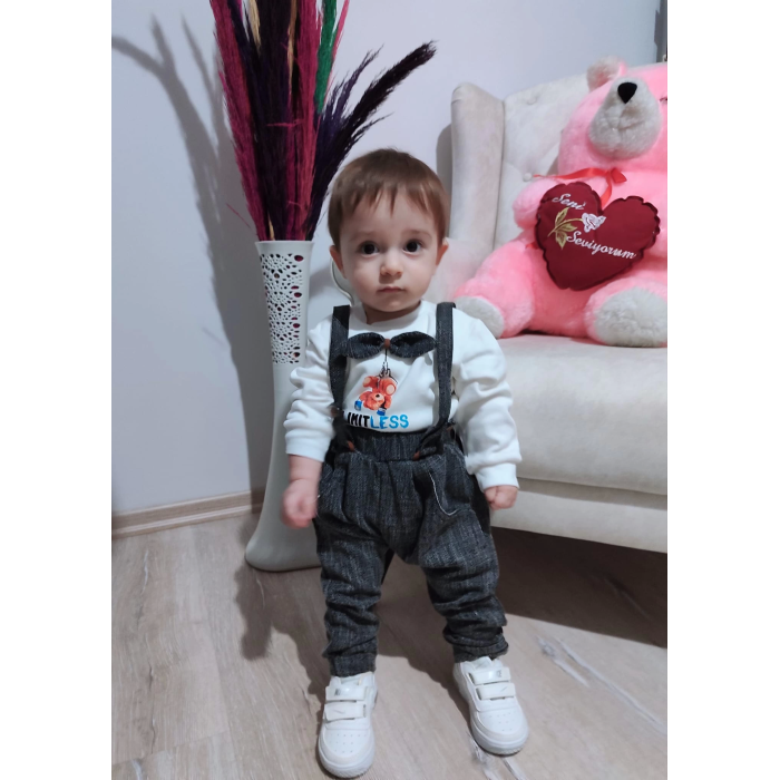 9-12-18 Ay Papyonlu Sweat Kot Pantolon 2li Erkek Bebek Salopet Takımı Gri