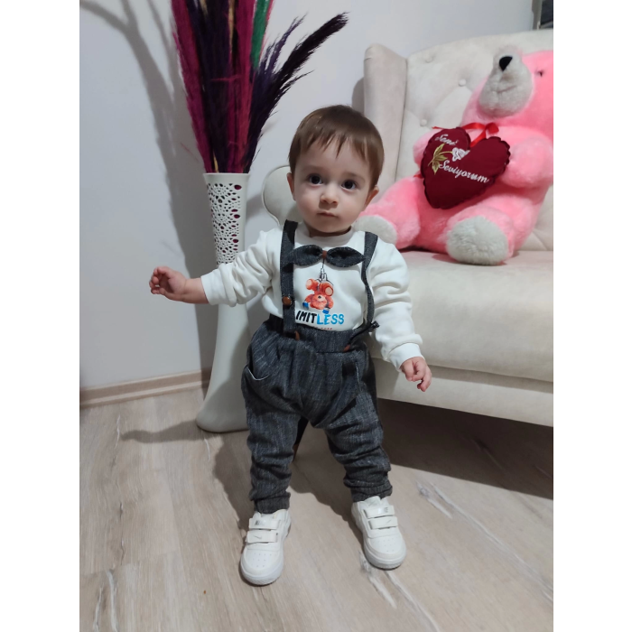 9-12-18 Ay Papyonlu Sweat Kot Pantolon 2li Erkek Bebek Salopet Takımı Gri
