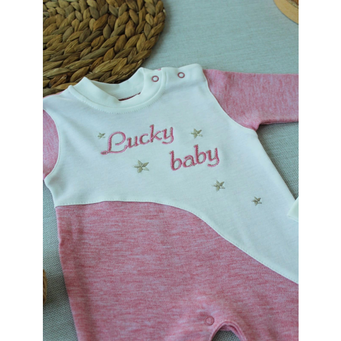 0-3 3-6 Ay Lucky   Nakışlı Es Çizgi Boy Şapkalı Kız Bebek Tulumu Pembe