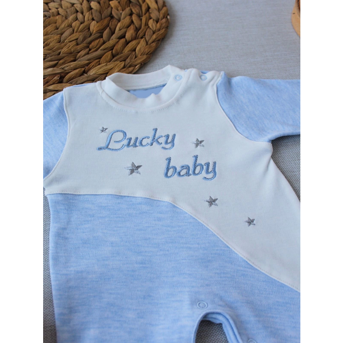 0-3 3-6 Ay Lucky   Nakışlı Es Çizgi Boy Şapkalı Erkek Bebek Tulumu Mavi