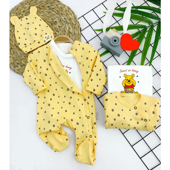 3-6-9-12 Ay Pooh Desenli Şapkalı Sweatli 3lü Kız Erkek Bebek Tulum Sarı