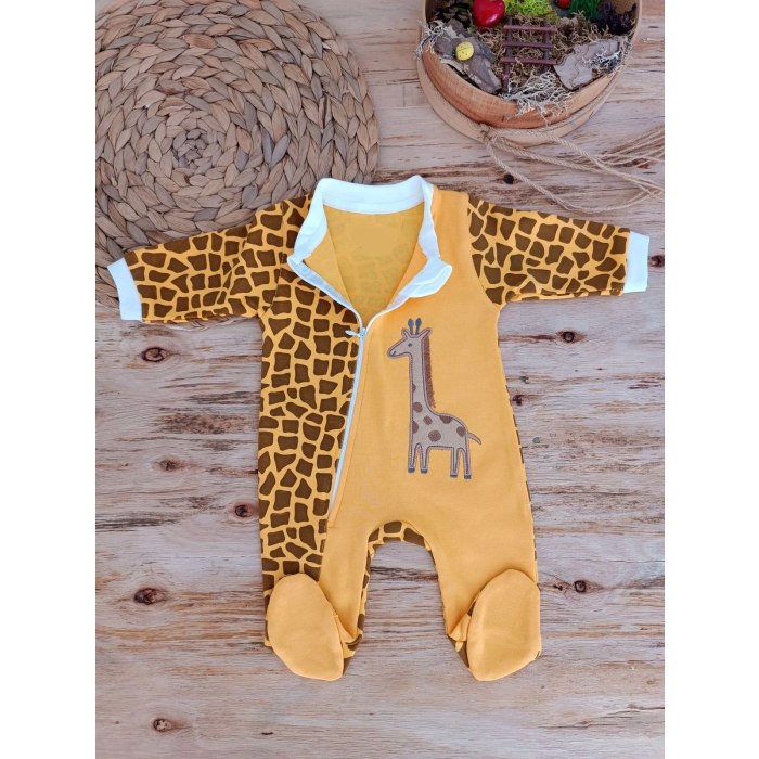 0-3 3-6 Ay Boy Fermuar Zürafa Nakışlı Kız Erkek Bebek Tulum Sarı