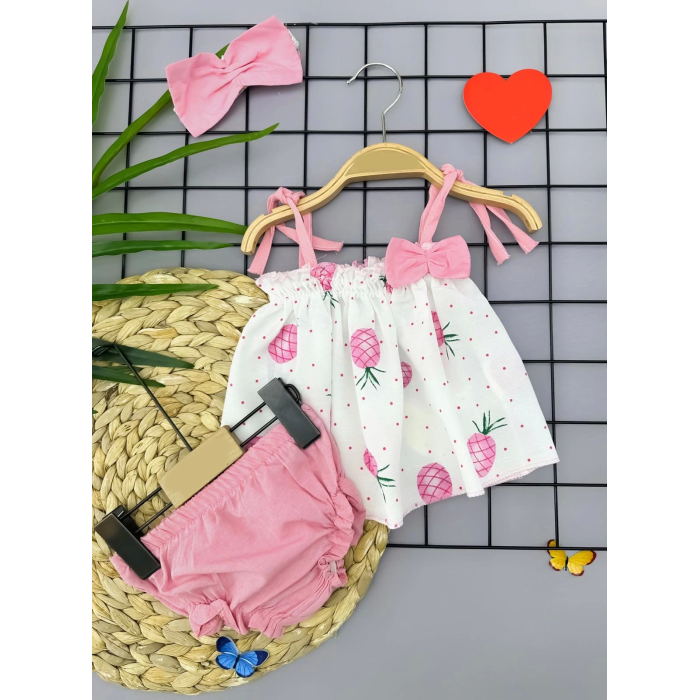 3-6-9-12 Ay Bandajlı Ve Kilotlu Ananas Desenli Askılı 3lü Kız Bebek Elbisesi Pembe
