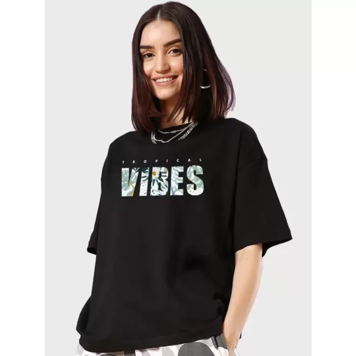 Kadın Baskılı Oversize T-shirt - Siyah