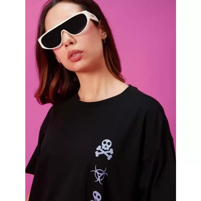 Kadın Baskılı Oversize T-shirt - Siyah