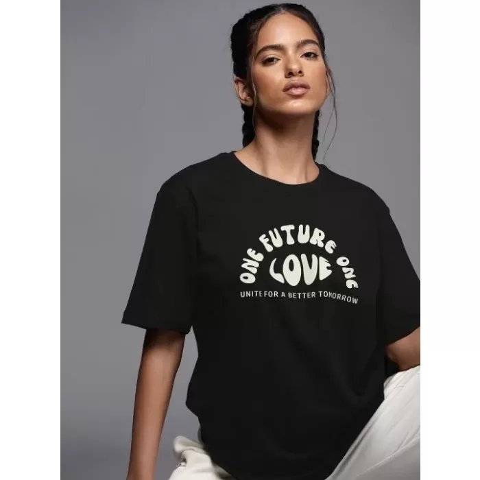 Kadın Baskılı Oversize T-shirt - Siyah