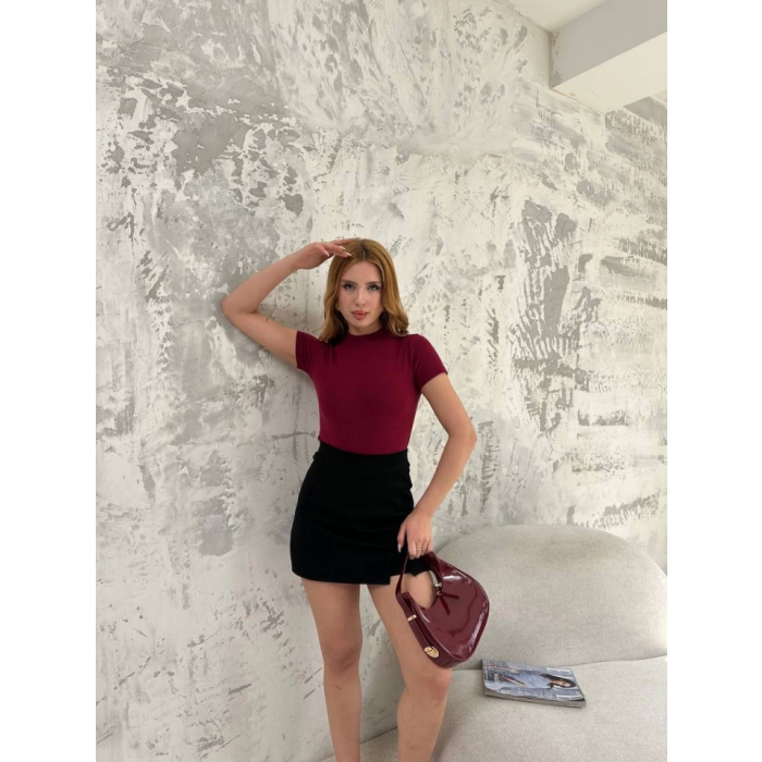 Kısa Kol Badi Bluz - Bordo