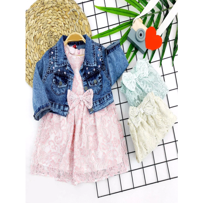 2-3-4-5 Yaş Kot Ceketli Astarlı Güpürlü 2li Kız Çocuk Elbisesi Pembe