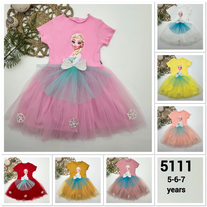 5-6-7 Yaş Elsa Desenli Fiyonklu Tül Etekli Astarlı Kısa Kollu Kız Çocuk Tütü Elbise Pembe