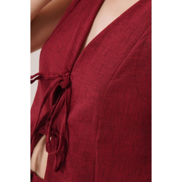 Ön Bağlama Detaylı Yelek Ve Pantolon Bordo İkili Takım