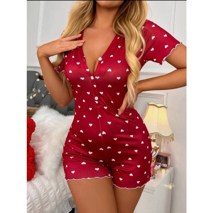 Kadın Göğüs Dekolteli Pinterest Kalp Desen Full Likralı şort Tulum