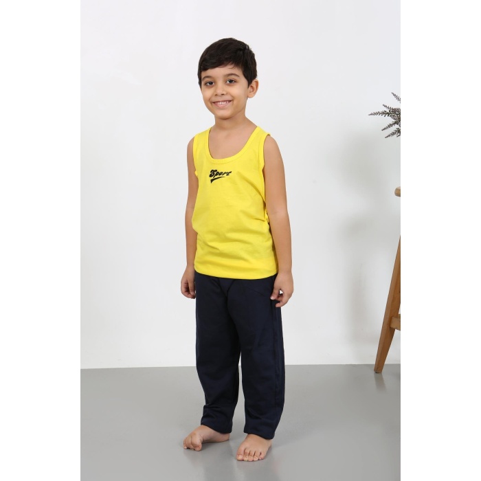 Moda Çizgi Erkek Çocuk Sıfır Kol Penye Pijama Takım Sarı  39