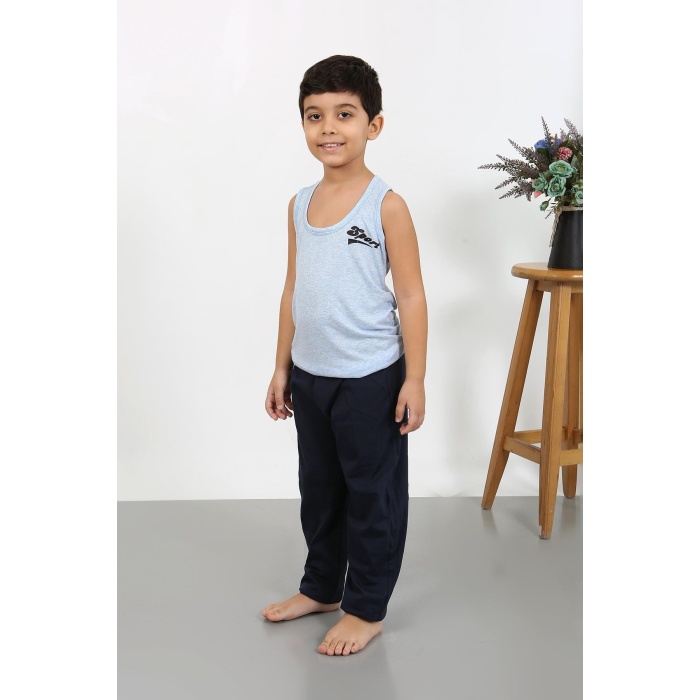 Moda Çizgi Erkek Çocuk Sıfır Kol Penye Pijama Takım Mavi  39