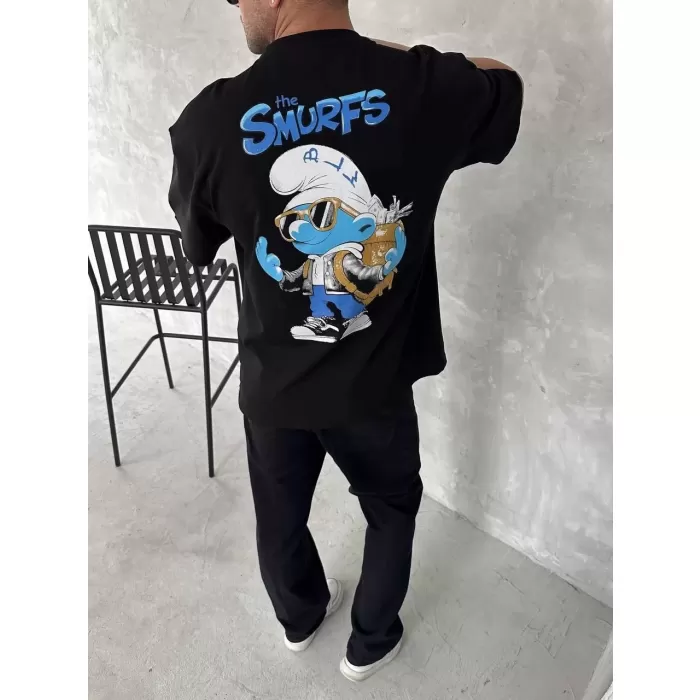 Ön ve Arka Baskılı Oversize Bisiklet Yaka T-shirt- Siyah