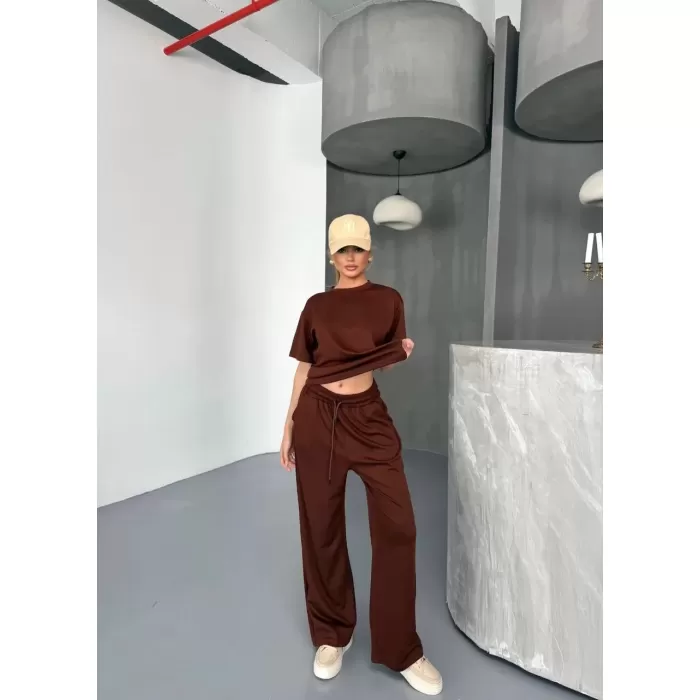 Osy Modal Yumuşak Dokulu Kumaş Kısa Kollu Bluz Rahat Pantalon ikili Takım- Kahverengi