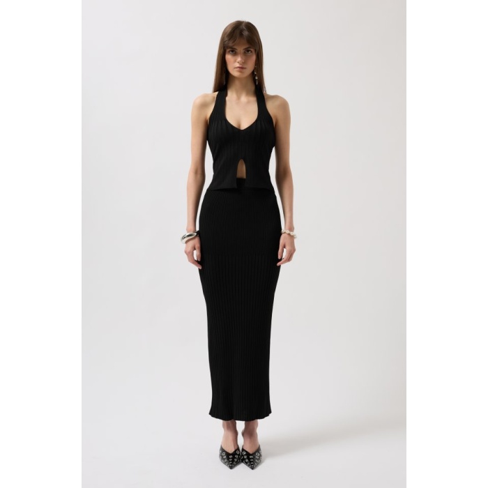 V Detay Dokulu Crop Bluz