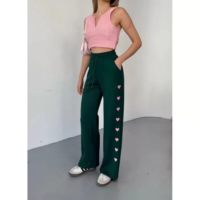Osy Modal Yumuşak Dokulu Kumaş Nakış işlemeli Rahat Bol Paça Eşofman Pantalon - Haki