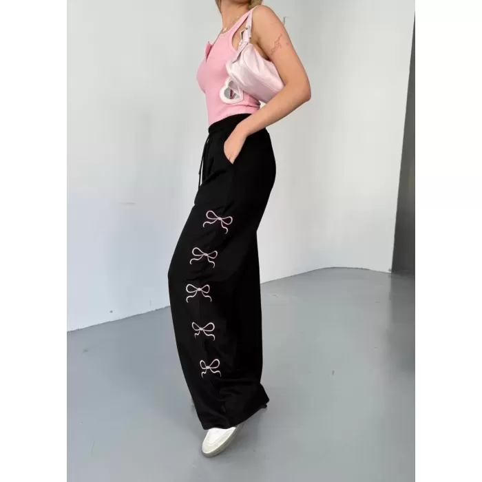 Osy Modal Yumuşak Dokulu Kumaş Nakış işlemeli Rahat Bol Paça Eşofman Pantalon - Siyah