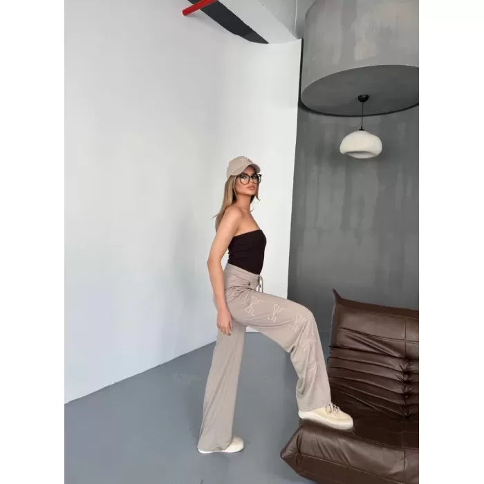 Osy Modal Yumuşak Dokulu Kumaş Nakış işlemeli Rahat Bol Paça Eşofman Pantalon - Bej