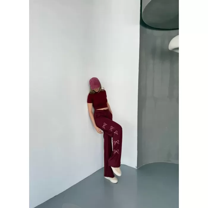Osy Modal Yumuşak Dokulu Kumaş Nakış işlemeli Rahat Bol Paça Eşofman Pantalon - Bordo