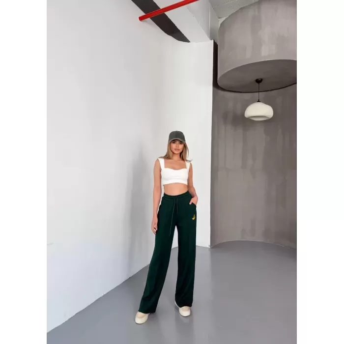 Osy Modal Yumuşak Dokulu Kumaş Nakış işlemeli Rahat Bol Paça Eşofman Pantalon - Haki
