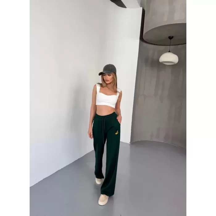 Osy Modal Yumuşak Dokulu Kumaş Nakış işlemeli Rahat Bol Paça Eşofman Pantalon - Haki