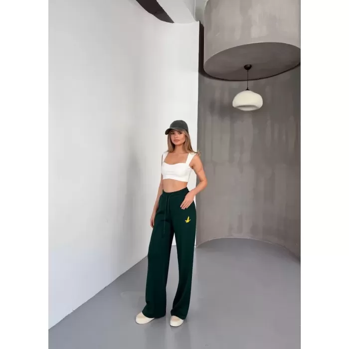 Osy Modal Yumuşak Dokulu Kumaş Nakış işlemeli Rahat Bol Paça Eşofman Pantalon - Haki