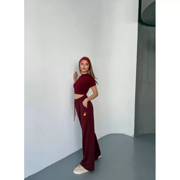 Osy Modal Yumuşak Dokulu Kumaş Nakış işlemeli Rahat Bol Paça Eşofman Pantalon - Bordo