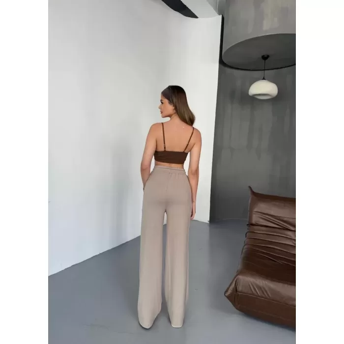 Osy Modal Yumuşak Dokulu Kumaş Nakış işlemeli Rahat Bol Paça Eşofman Pantalon - Bej